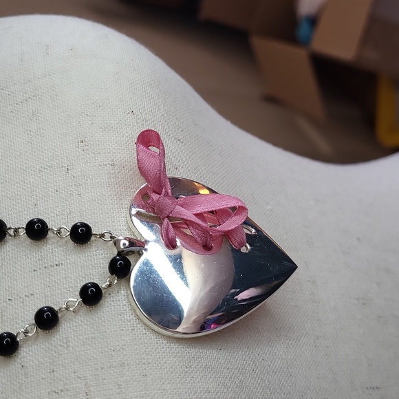 Metal Mirror Heart Necklace Pink ribbon black beads 15" 2004 Y2k Style - Picture 4 of 11
